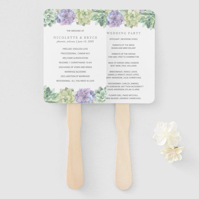 Éventail Programme de mariage avec des succulentes vertes e (Devant et derrière)