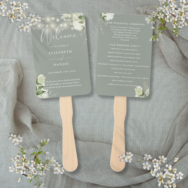 Éventail Programme de mariage avec guirlande de fleurs vert (Sage Green Floral String Lights Wedding Program Hand Fan)