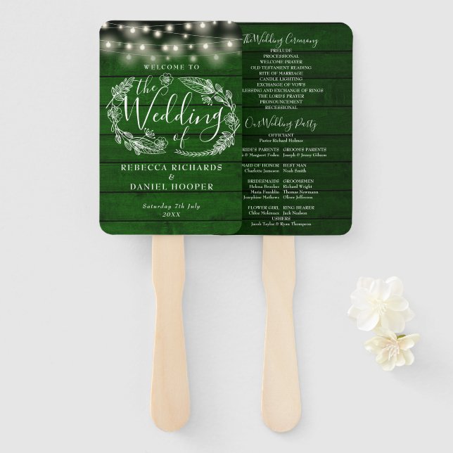 Éventail Programme de mariage avec guirlande florale verte  (Devant et derrière)