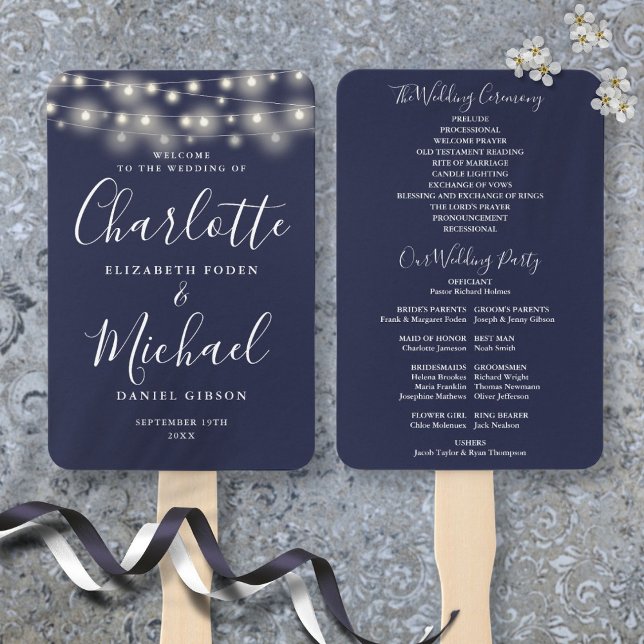 Éventail Programme de mariage avec guirlande lumineuse bleu (Navy Blue String Lights Script Wedding Program Hand Fan)