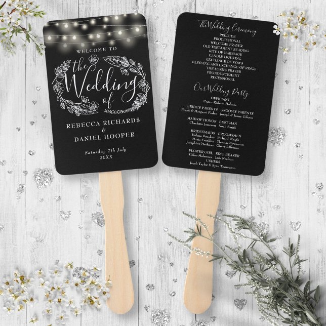 Éventail Programme de mariage avec guirlandes de lumières n (Black And White String Lights Wedding Program Hand Fan)