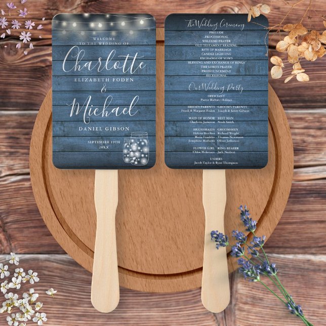 Éventail Programme de mariage avec guirlandes en bois rusti (Blue Rustic Wood String Lights Wedding Program Hand Fan)