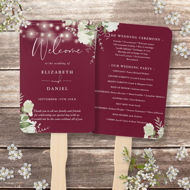 Éventail Programme de mariage avec guirlandes florales de B (Burgundy Floral String Lights Wedding Program Hand Fan)