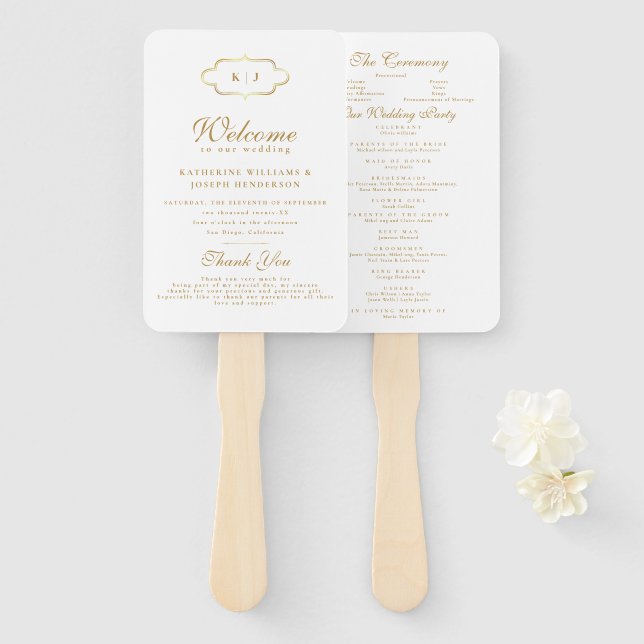 ÉVENTAIL PROGRAMME DE MARIAGE AVEC MONOGRAMME CHIC ET CALLI (Devant et derrière)