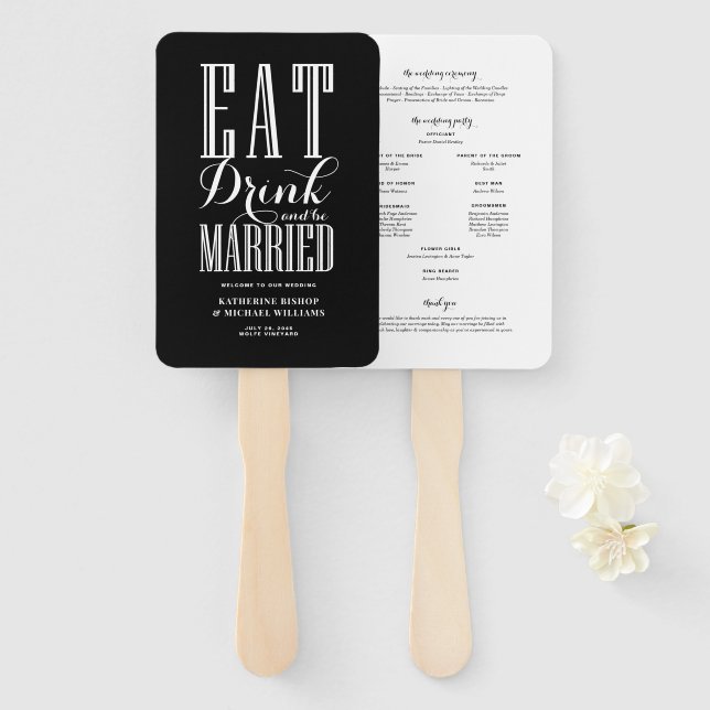 Éventail Programme de mariage Black Eat Drink and Be Marrie (Devant et derrière)