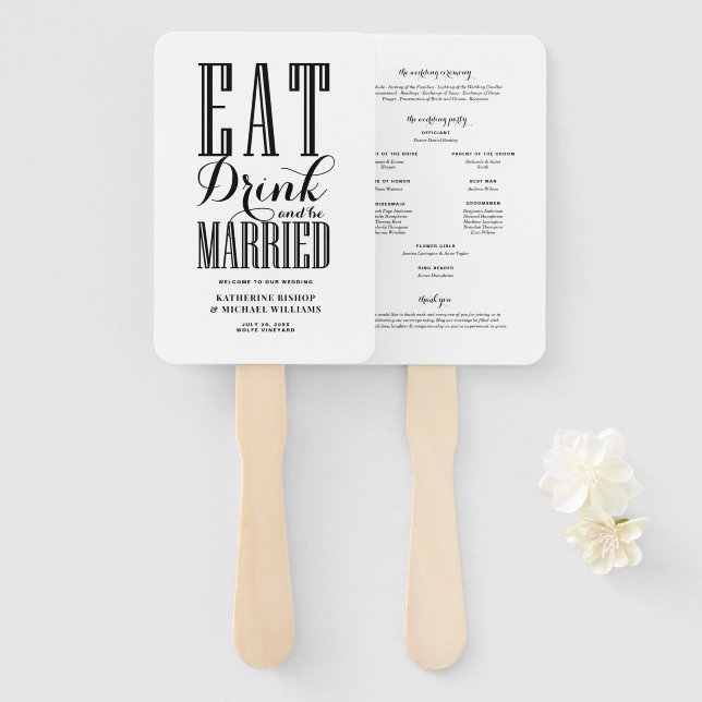 Éventail Programme de mariage Black Eat Drink and Be Marrie (Devant et derrière)