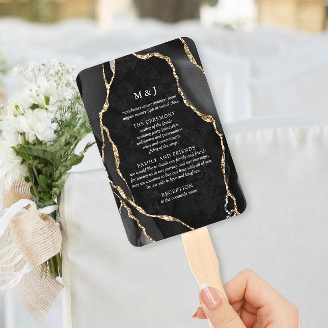 Éventail Programme de mariage Black & Gold Agate (Créateur téléchargé)