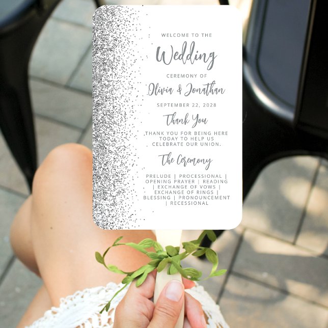 Éventail Programme de mariage blanc écriture pailleté argen (Créateur téléchargé)