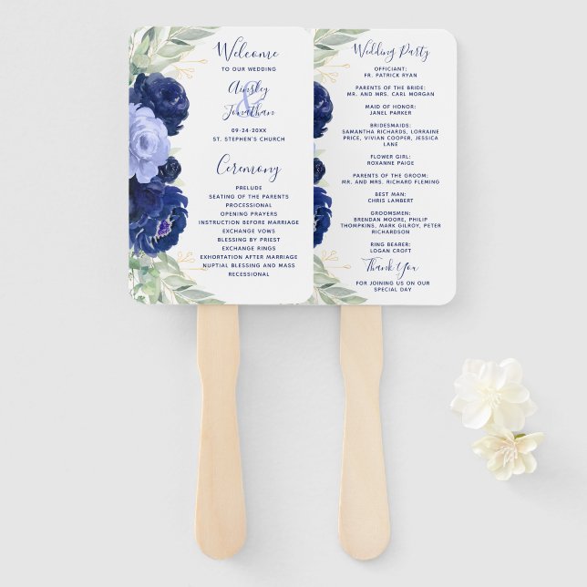 Éventail Programme de mariage bleu floral (Devant et derrière)