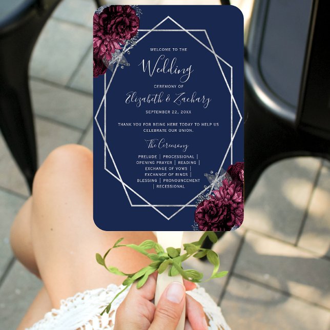 Éventail Programme de mariage bleu marine argent floral Bou (Créateur téléchargé)
