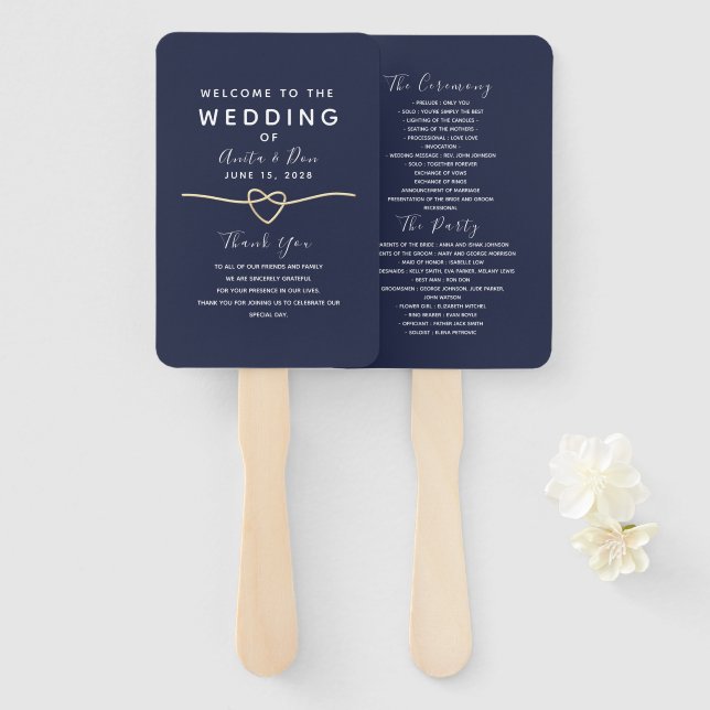 Éventail Programme de mariage bleu marine moderne (Devant et derrière)