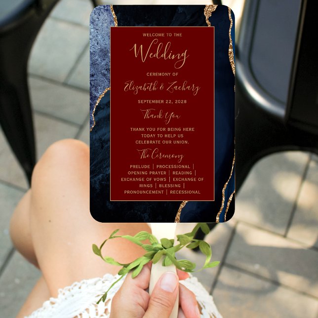 Éventail Programme de mariage bleu marine or agate bordeaux (Créateur téléchargé)