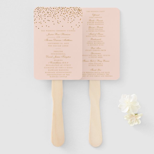 Éventail Programme de mariage Blush Pink & Gold Confetti (Devant et derrière)