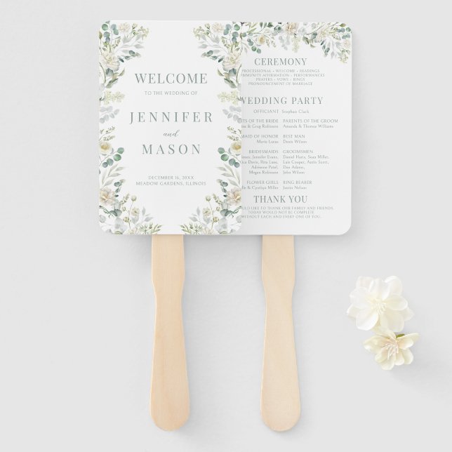 Éventail Programme de mariage bohème aux feuilles d'eucalyp (Devant et derrière)