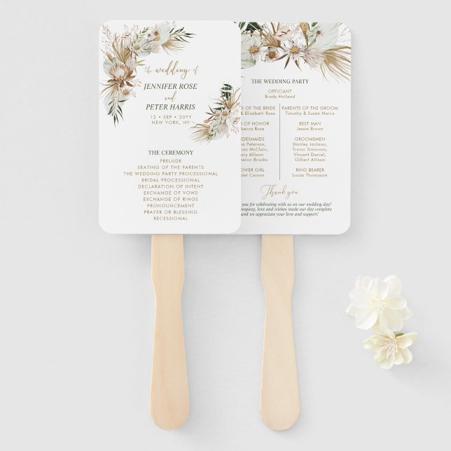 Éventail Programme de mariage bohème botanique vert et or (Devant et derrière)