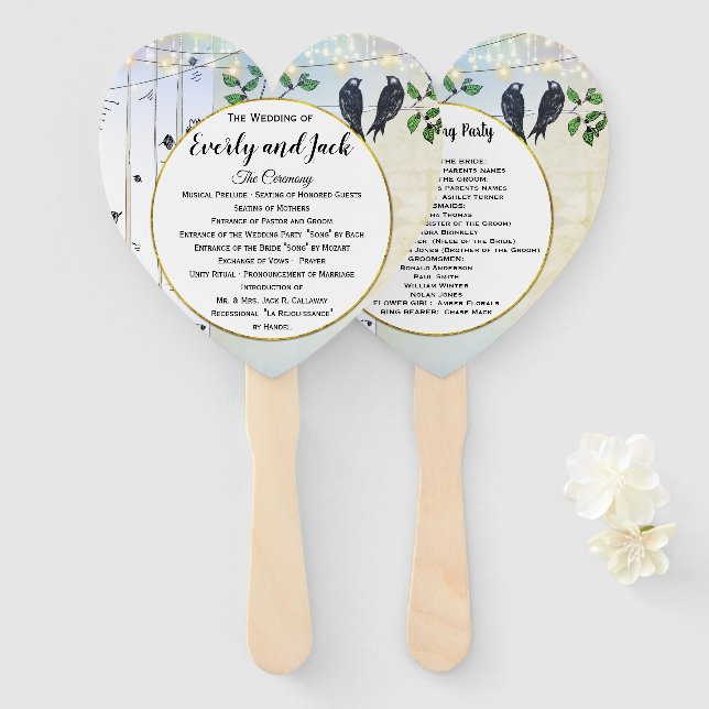 Éventail Programme de mariage bohème forêt oiseau d'amour a (Devant et derrière)