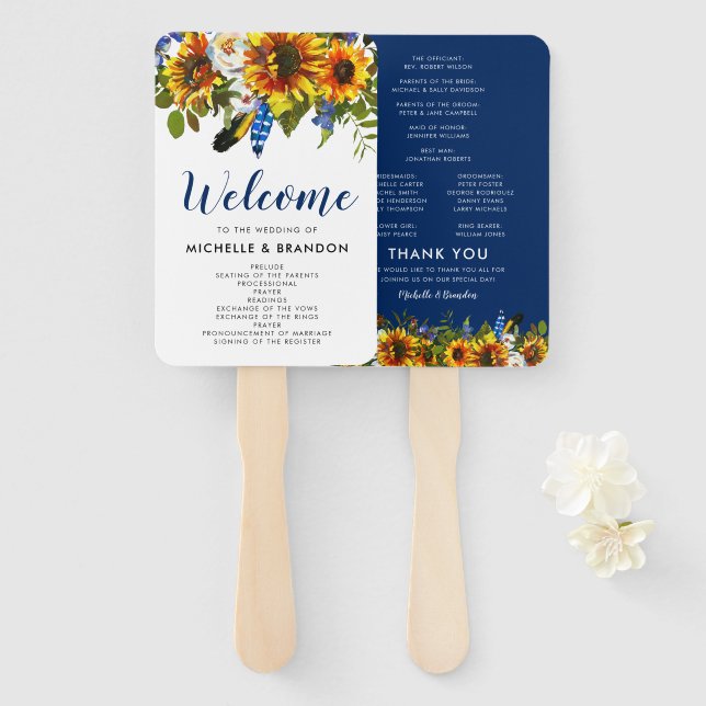Éventail Programme de mariage bohème tournesol marine rusti (Devant et derrière)