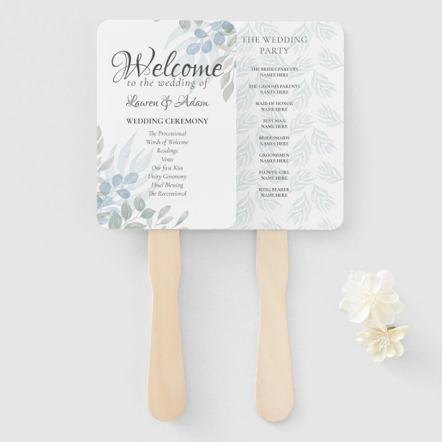 Éventail Programme de mariage Boho Eucalyptus Bleu Poussiér (Devant et derrière)
