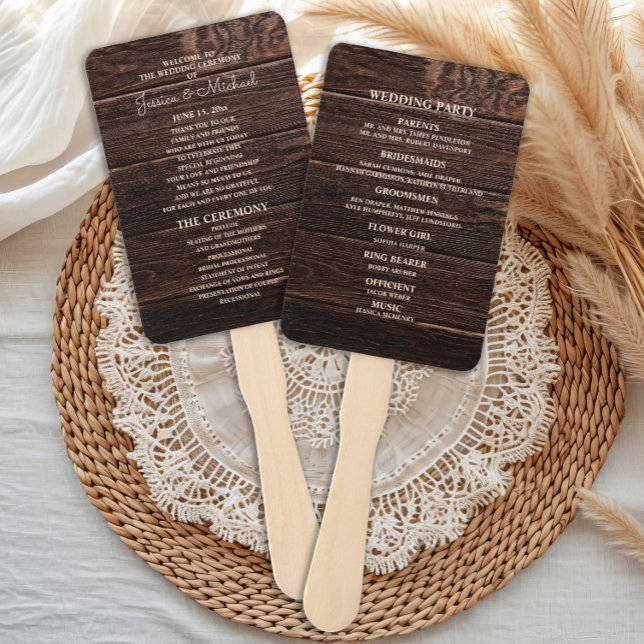 Éventail Programme de mariage Bois Brown foncé rustique (Rustic wood wedding program hand fan)