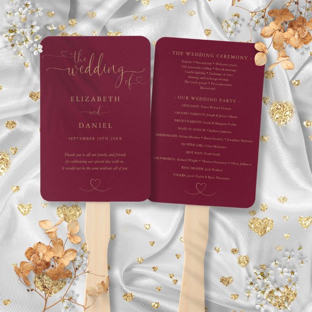 Éventail Programme de mariage bordeaux et or Heart Script (Heart Script Burgundy And Gold Wedding Program Hand Fan)