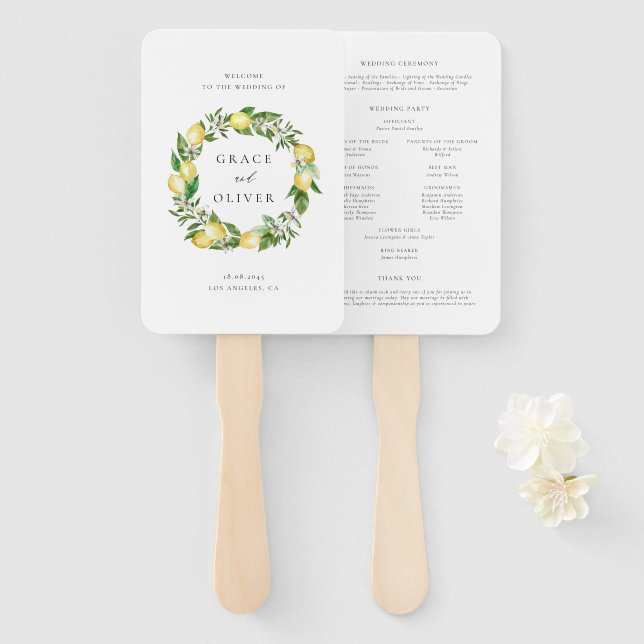 Éventail Programme de mariage botanique au citron et au feu (Devant et derrière)