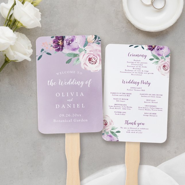 Éventail Programme de mariage botanique violet fleuri flori (Blooming botanical purple floral wedding program hand fan)