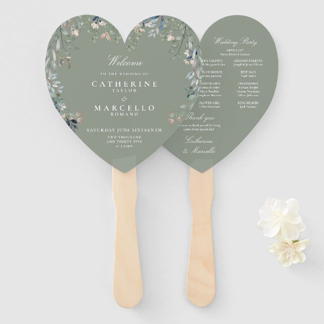 Éventail Programme de mariage cascade floral vert sauge (Devant et derrière)