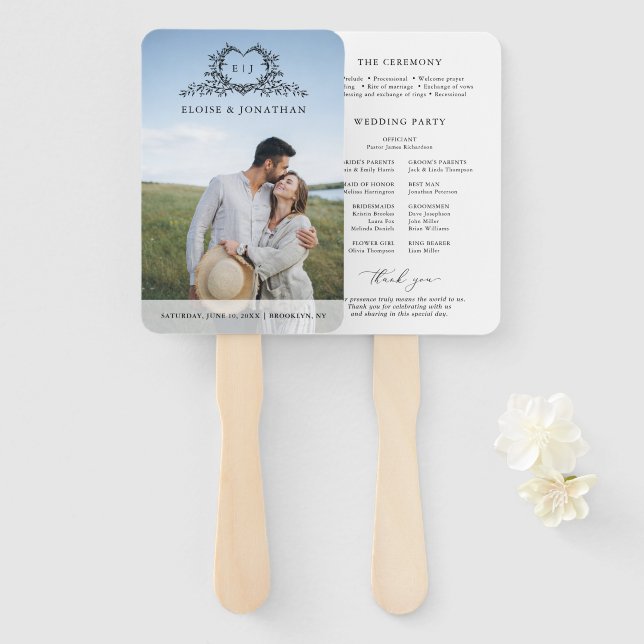 Éventail Programme de mariage chic avec monogramme minimali (Devant et derrière)