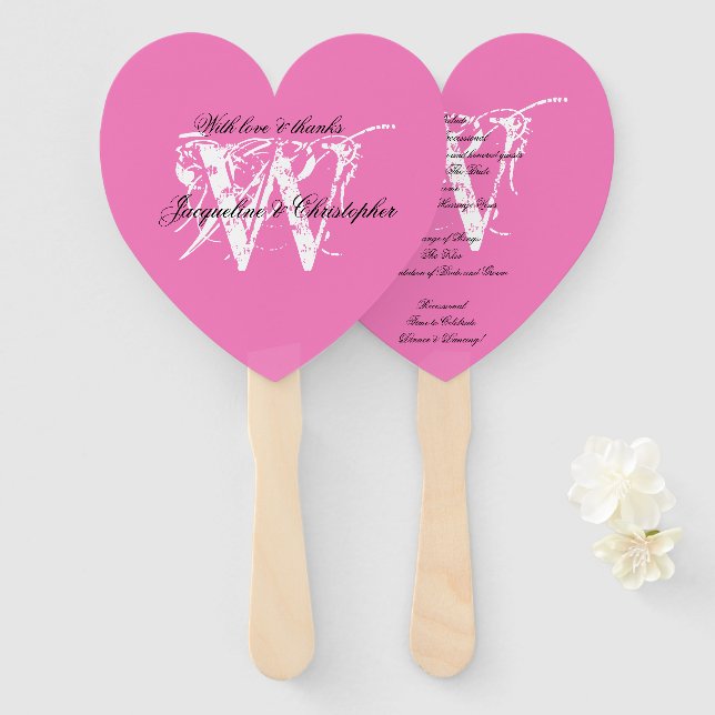 Éventail Programme de mariage chic avec monogramme rose et  (Devant et derrière)