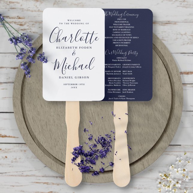 Éventail Programme de mariage chic bleu marine écriture sig (Créateur téléchargé)