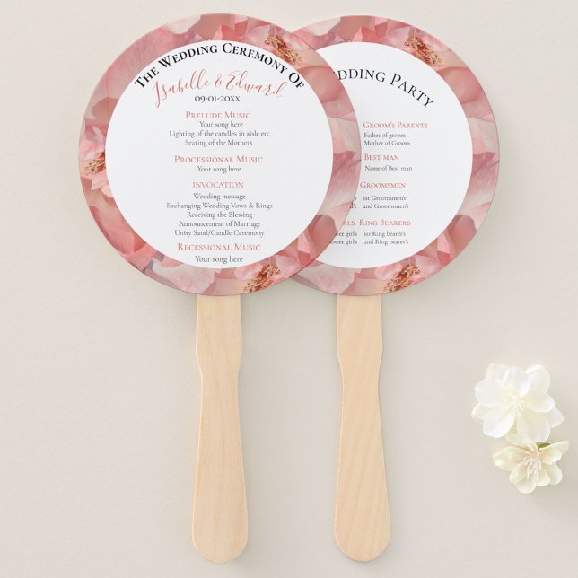 Éventail Programme de mariage chic rose aquarelle rose cora (Créateur téléchargé)