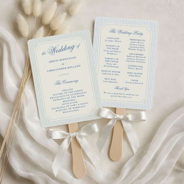 Éventail Programme de mariage classique à rayures bleu clai (classic light blue stripes wedding fan programs)