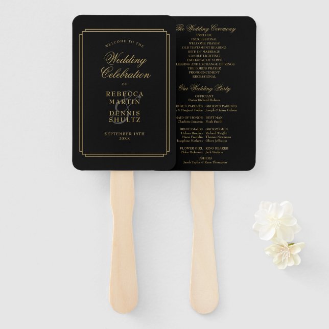Éventail Programme de mariage classique Art Déco noir et or (Devant et derrière)