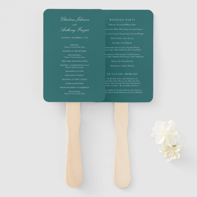 Éventail Programme de mariage classique sarcelle Old Money (Devant et derrière)