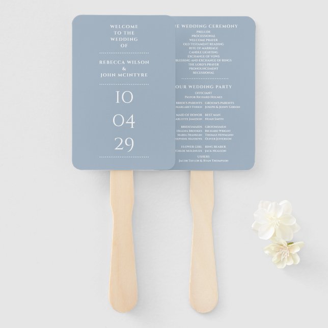 Éventail Programme de mariage de date spéciale bleu poussié (Devant et derrière)