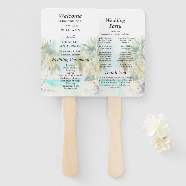 Éventail Programme de mariage de destination de plage tropi (Devant et derrière)