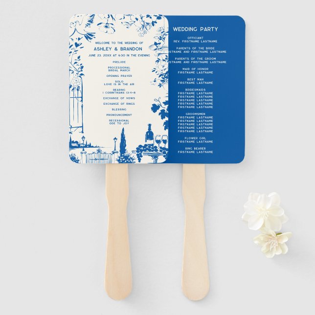 Éventail Programme de mariage de jardin européen bleu franç (Devant et derrière)