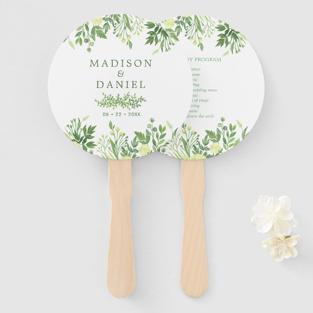 Éventail Programme de mariage de jardin floral verdure aqua (Devant et derrière)