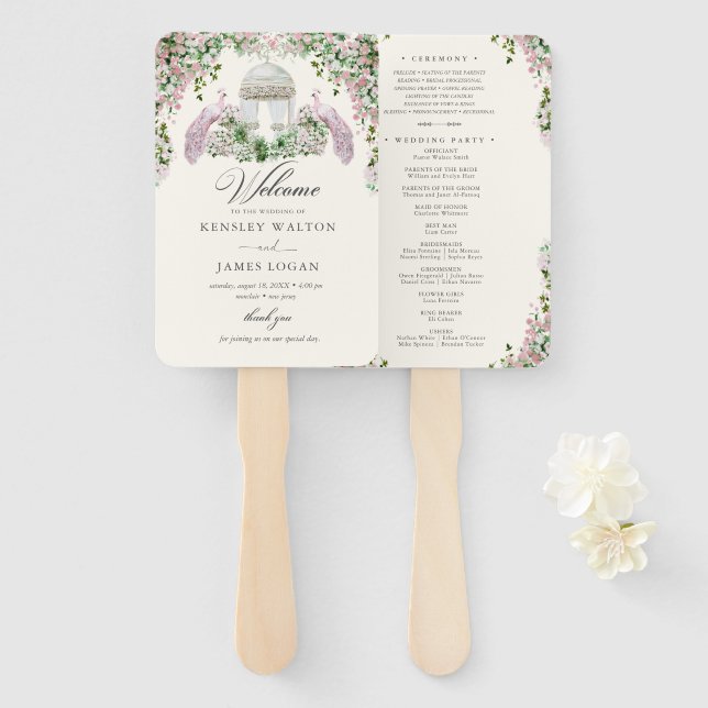 Éventail Programme de mariage de jardin rose élégant (Devant et derrière)