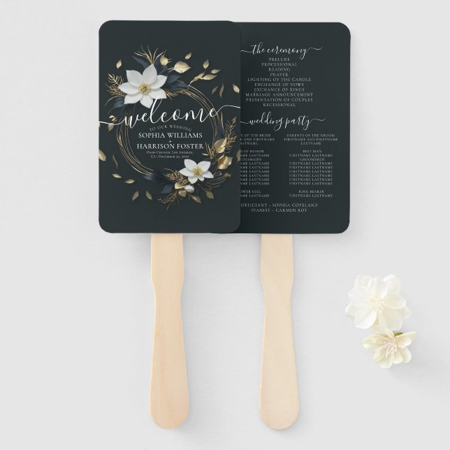 Éventail Programme de mariage de la couronne de fleurs noir (Devant et derrière)