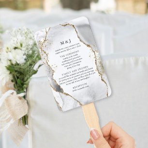 Éventail Programme de mariage de l'agate blanc, or et gris