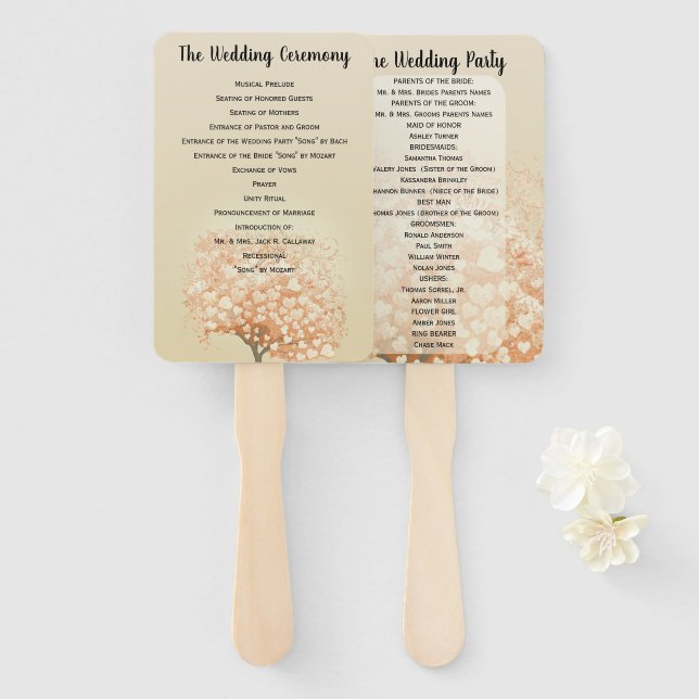Éventail Programme de mariage de l'arbre à feuilles en cœur (Devant et derrière)