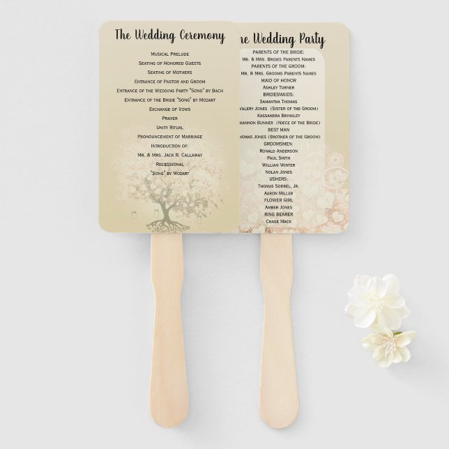 Éventail Programme de mariage de l'arbre à feuilles en form (Devant et derrière)
