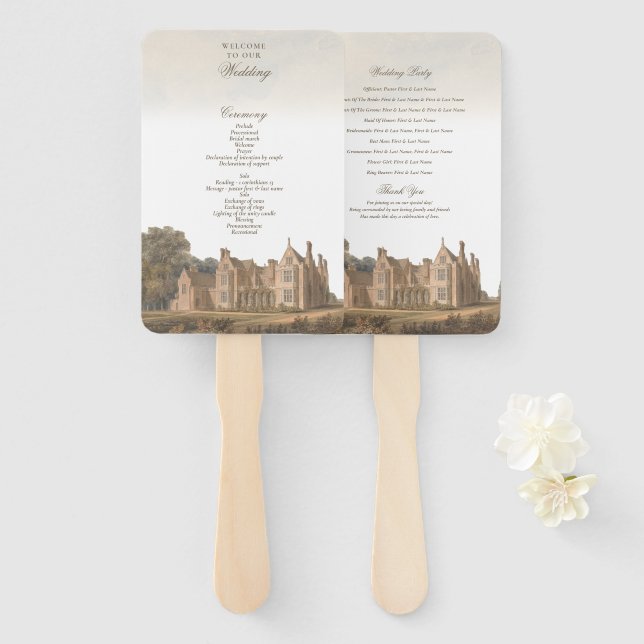 Éventail Programme de mariage de manoir anglais Château Vil (Devant et derrière)
