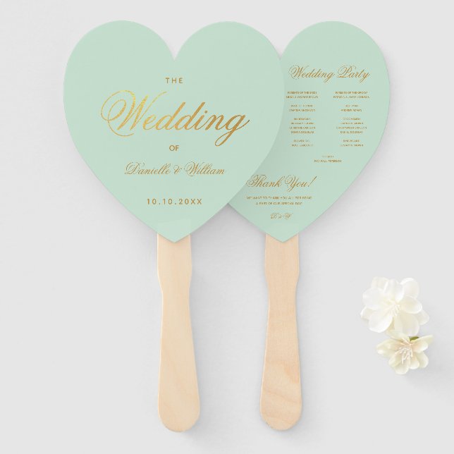 Éventail Programme de mariage de menthe Faux Gold Script Co (Devant et derrière)