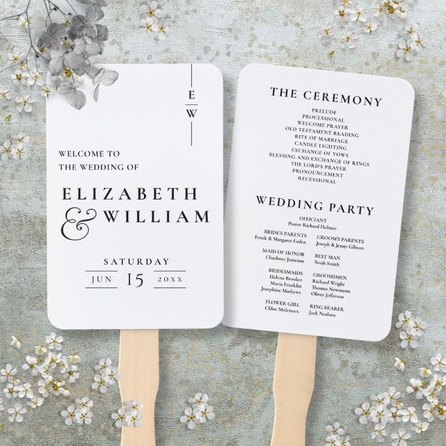 Éventail Programme De Mariage De Monogramme Élégant Noir Et (Black And White Elegant Monogram Wedding Program Hand Fan)