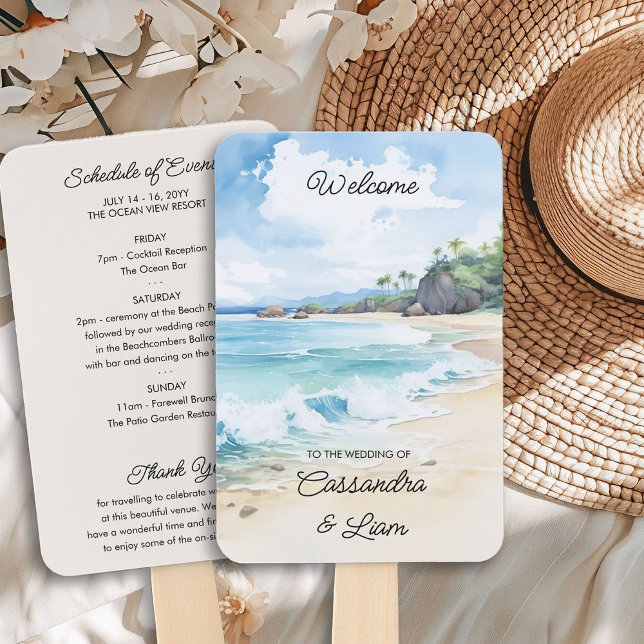 Éventail Programme de mariage de plage à l'aquarelle d'été  (Wedding Program Hand Fans from the Summer Beach Wedding Collection by Darling & May)