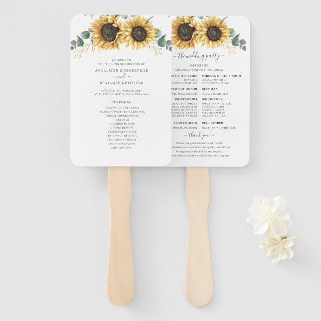 Éventail Programme de mariage des Feuilles du tournesol flo (Devant et derrière)