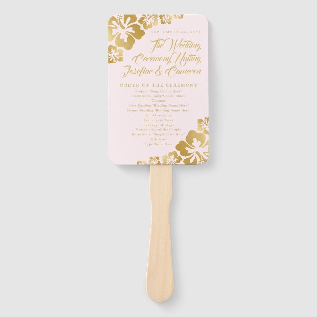 Éventail Programme de mariage des fleurs d'Hibiscus rose or (Devant)