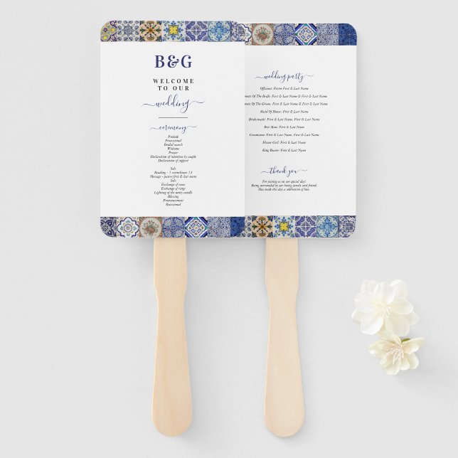 Éventail Programme de mariage des tuiles portugaises médite (Devant et derrière)